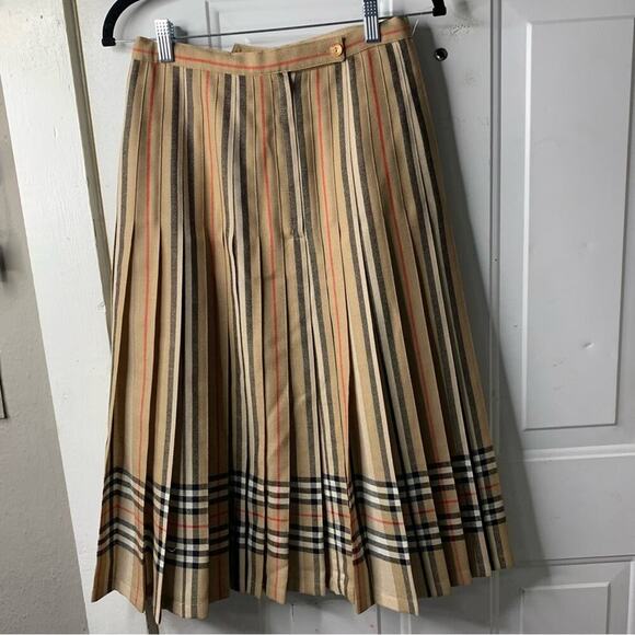 Burberry Vintage icon striped checkered pleated wool midi skirt size S England - Picture 3 of 6
